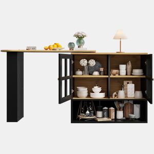Mesa de bar giratória 360° - Multifuncional com 5 prateleiras, estante para snacks, com portas de vidro - Preto