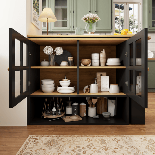 Mesa de bar giratória 360° - Multifuncional com 5 prateleiras, estante para snacks, com portas de vidro - Preto