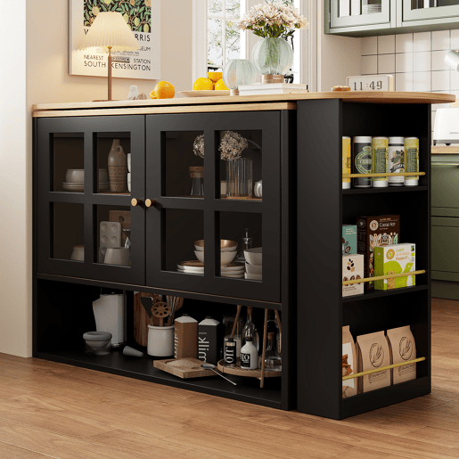 Mesa de bar giratória 360° - Multifuncional com 5 prateleiras, estante para snacks, com portas de vidro - Preto