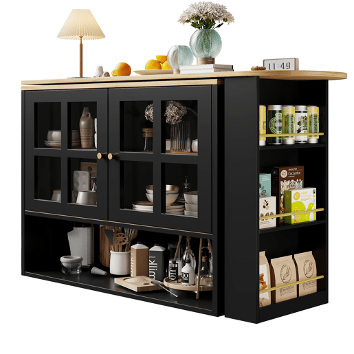 Mesa de bar giratória 360° - Multifuncional com 5 prateleiras, estante para snacks, com portas de vidro - Preto