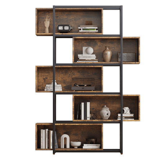 Estante para livros com 5 prateleiras - Com prateleiras ajustáveis, acabamento em madeira castanha, estrutura em aço preto + castanho Estante para livros com 5 prateleiras - Com prateleiras ajustáveis, acabamento em madeira castanha, estrutura em aço preto + castanho
