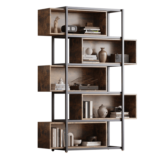 Estante para livros com 5 prateleiras - Com prateleiras ajustáveis, acabamento em madeira castanha, estrutura em aço preto + castanho Estante para livros com 5 prateleiras - Com prateleiras ajustáveis, acabamento em madeira castanha, estrutura em aço preto + castanho