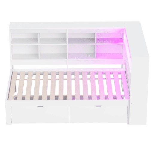 Sofá-cama 90x200 cm - Com arrumação, cama com USB e tomada, com prateleiras e bandejas, muita capacidade, cama multifuncional em madeira - Branco
