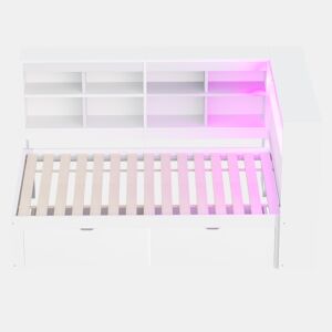 Sofá-cama 90x200 cm - Com arrumação, cama com USB e tomada, com prateleiras e bandejas, muita capacidade, cama multifuncional em madeira - Branco
