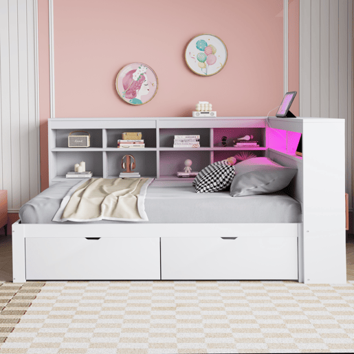Sofá-cama 90x200 cm - Com arrumação, cama com USB e tomada, com prateleiras e bandejas, muita capacidade, cama multifuncional em madeira - Branco