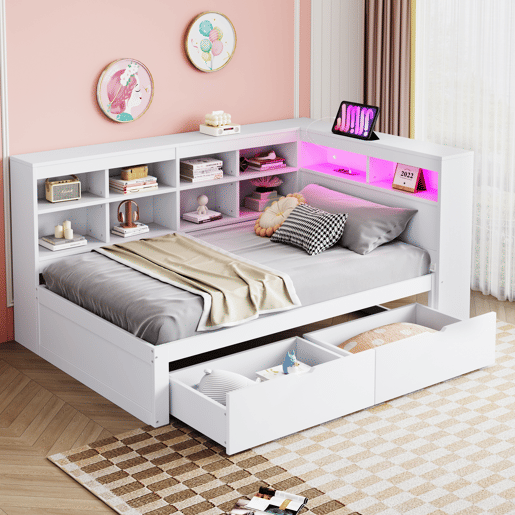 Sofá-cama 90x200 cm - Com arrumação, cama com USB e tomada, com prateleiras e bandejas, muita capacidade, cama multifuncional em madeira - Branco