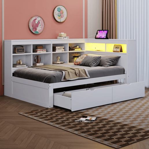 Sofá-cama 90x200 cm - Com arrumação, cama com USB e tomada, com prateleiras e bandejas, muita capacidade, cama multifuncional em madeira - Branco
