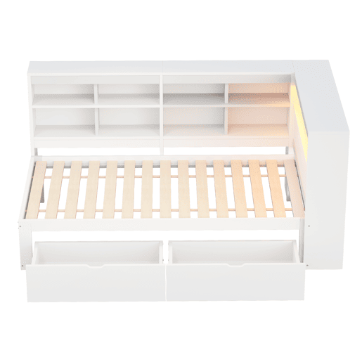 Sofá-cama 90x200 cm - Com arrumação, cama com USB e tomada, com prateleiras e bandejas, muita capacidade, cama multifuncional em madeira - Branco