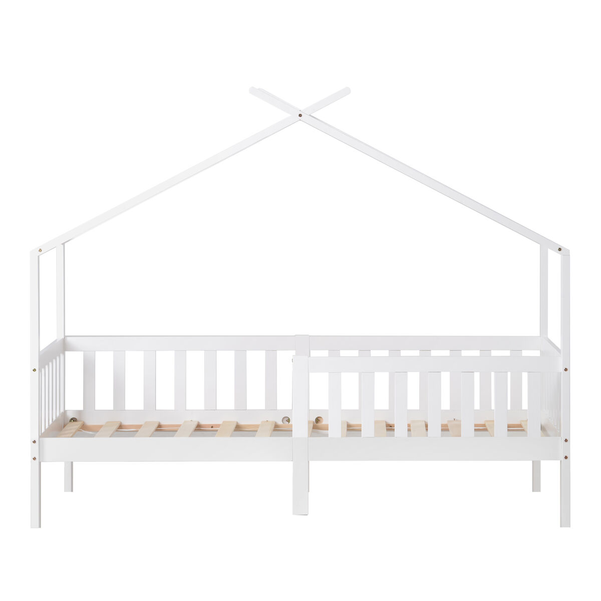 Cama casa 200x90 cm - cama infantil de madera maciza con valla y somier, con protección anticaídas - blanca