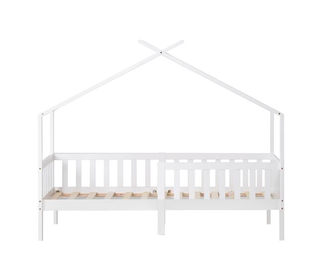 Cama casa 200x90 cm - cama infantil de madera maciza con valla y somier, con protección anticaídas - blanca