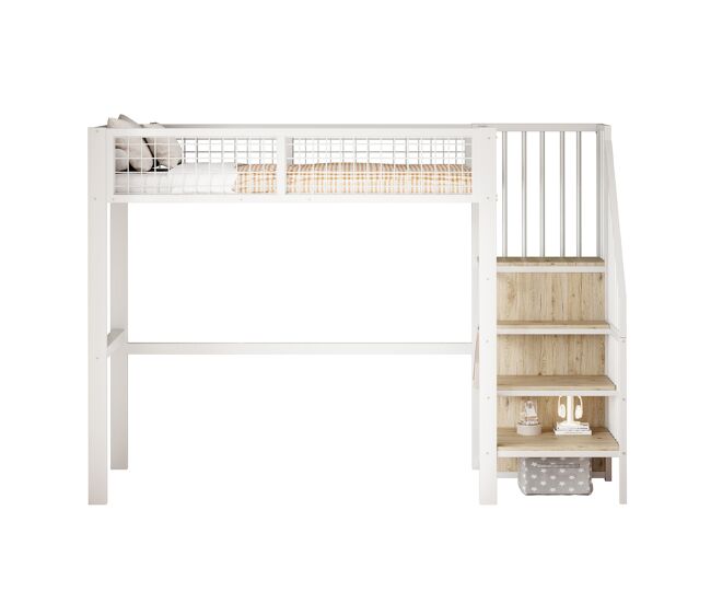 Cama alta 90*200 - con escalera, estructura de metal y estante de almacenamiento, armario - blanco