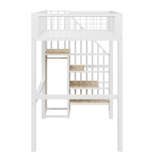 Cama alta 90*200 - com escada, estrutura metálica e prateleira de arrumação, armário - Branco