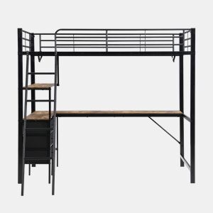 Beliche, 90x200cm - Três gavetas, Mesa de 2m, Escada inclinada com 4 degraus - Preto + Nogueira escura