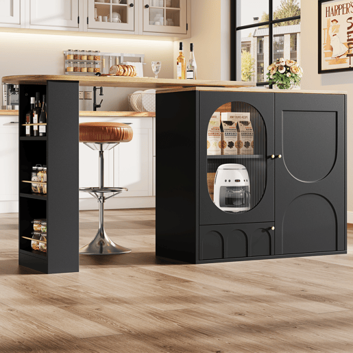 Mesa de bar giratória 138x39x102 cm - Móvel de cozinha com arrumação, ilha de cozinha, três portas, prateleiras, divisórias removíveis - Preto