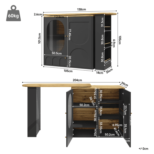 Mesa de bar giratória 138x39x102 cm - Móvel de cozinha com arrumação, ilha de cozinha, três portas, prateleiras, divisórias removíveis - Preto