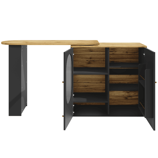 Mesa de bar giratória 138x39x102 cm - Móvel de cozinha com arrumação, ilha de cozinha, três portas, prateleiras, divisórias removíveis - Preto