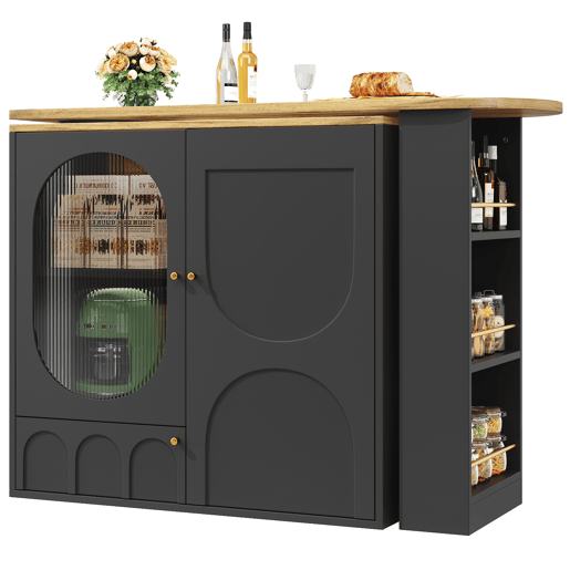Mesa de bar giratória 138x39x102 cm - Móvel de cozinha com arrumação, ilha de cozinha, três portas, prateleiras, divisórias removíveis - Preto