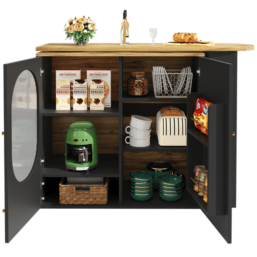 Mesa de bar giratória 138x39x102 cm - Móvel de cozinha com arrumação, ilha de cozinha, três portas, prateleiras, divisórias removíveis - Preto