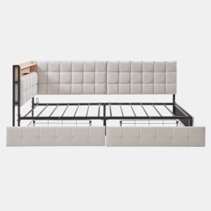 Sofá-cama infantil 90x200 - 2 gavetas, luz LED noturna, portas USB e Tipo C - Bege