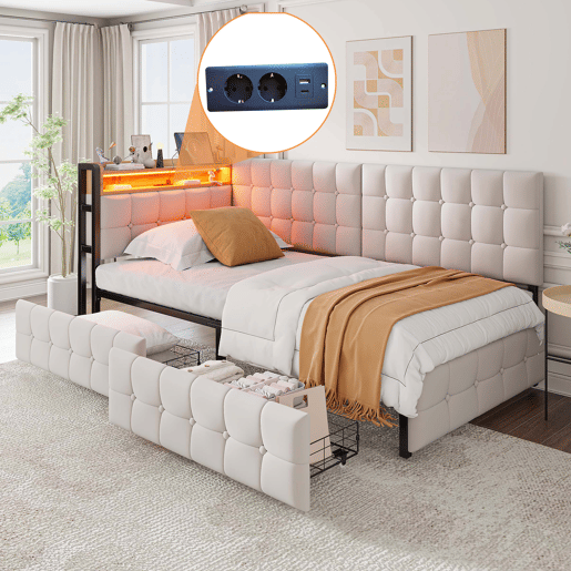 Sofá-cama infantil 90x200 - 2 gavetas, luz LED noturna, portas USB e Tipo C - Bege