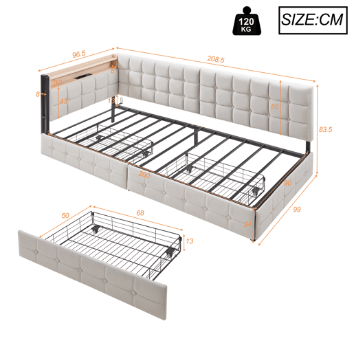 Sofá-cama infantil 90x200 - 2 gavetas, luz LED noturna, portas USB e Tipo C - Bege