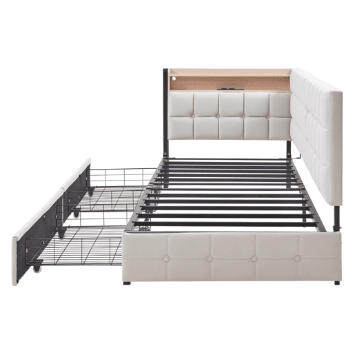 Sofá-cama infantil 90x200 - 2 gavetas, luz LED noturna, portas USB e Tipo C - Bege