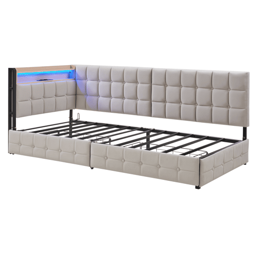 Sofá-cama infantil 90x200 - 2 gavetas, luz LED noturna, portas USB e Tipo C - Bege