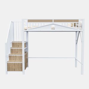 Cama alta metálica 90x200 cm - Casinha de segurança com janela, escada de segurança com armário - Branco