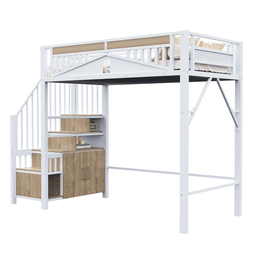 Cama alta metálica 90x200 cm - Casinha de segurança com janela, escada de segurança com armário - Branco