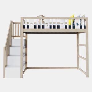 Cama alta infantil 90x200 - Com escada, cama individual em madeira maciça com grades de segurança, decoração com estrelas e lua - Natural e Branco