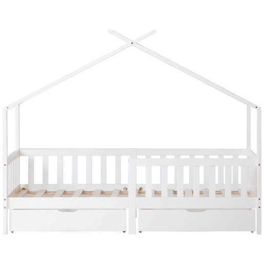Cama casa 200x90 cm - Cama infantil com 2 gavetas, madeira maciça, com grade e estrado, com proteção contra quedas - Branco Cama casa 200x90 cm - Cama infantil com 2 gavetas, madeira maciça, com grade e estrado, com proteção contra quedas - Branco