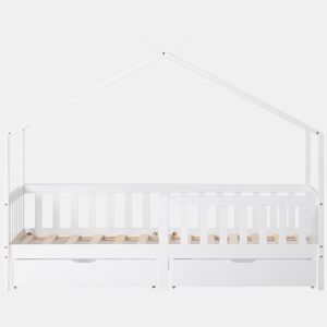Cama casa 200x90 cm - Cama infantil com 2 gavetas, madeira maciça, com grade e estrado, com proteção contra quedas - Branco