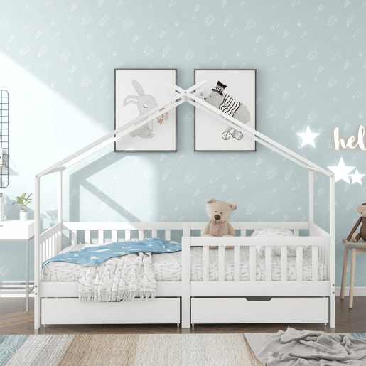 Cama casa 200x90 cm - Cama infantil com 2 gavetas, madeira maciça, com grade e estrado, com proteção contra quedas - Branco Cama casa 200x90 cm - Cama infantil com 2 gavetas, madeira maciça, com grade e estrado, com proteção contra quedas - Branco