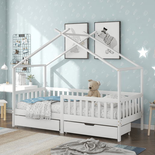 Cama casa 200x90 cm - Cama infantil com 2 gavetas, madeira maciça, com grade e estrado, com proteção contra quedas - Branco Cama casa 200x90 cm - Cama infantil com 2 gavetas, madeira maciça, com grade e estrado, com proteção contra quedas - Branco
