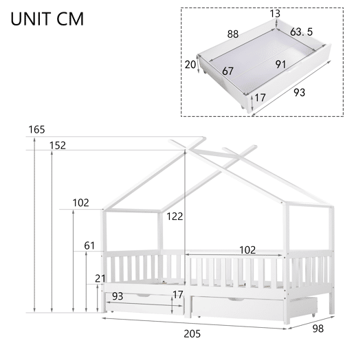 Cama casa 200x90 cm - Cama infantil com 2 gavetas, madeira maciça, com grade e estrado, com proteção contra quedas - Branco Cama casa 200x90 cm - Cama infantil com 2 gavetas, madeira maciça, com grade e estrado, com proteção contra quedas - Branco