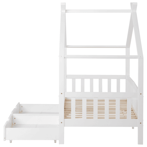 Cama casa 200x90 cm - Cama infantil com 2 gavetas, madeira maciça, com grade e estrado, com proteção contra quedas - Branco Cama casa 200x90 cm - Cama infantil com 2 gavetas, madeira maciça, com grade e estrado, com proteção contra quedas - Branco