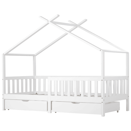 Cama casa 200x90 cm - Cama infantil com 2 gavetas, madeira maciça, com grade e estrado, com proteção contra quedas - Branco Cama casa 200x90 cm - Cama infantil com 2 gavetas, madeira maciça, com grade e estrado, com proteção contra quedas - Branco