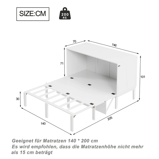 Cama rebatível 140x200 cm - Cama de parede com estrado, cama vertical com estrado, cama juvenil - Branca