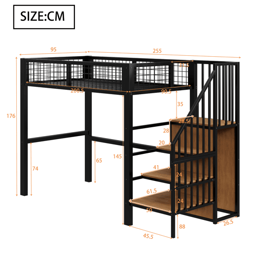Cama alta 90*200 - Com escada, cama infantil com estrutura de ferro e prateleira de arrumação - Preto