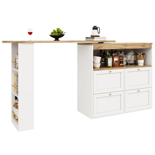 Mesa de bar giratória 105x39x102 cm - 4 gavetas e prateleiras abertas - Branco