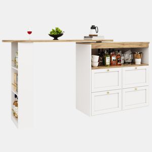 Mesa de bar giratória 105x39x102 cm - 4 gavetas e prateleiras abertas - Branco