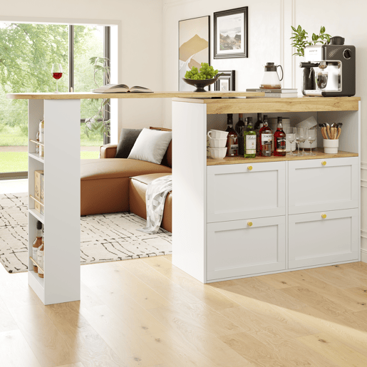 Mesa de bar giratória 105x39x102 cm - 4 gavetas e prateleiras abertas - Branco