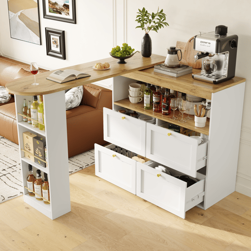 Mesa de bar giratória 105x39x102 cm - 4 gavetas e prateleiras abertas - Branco