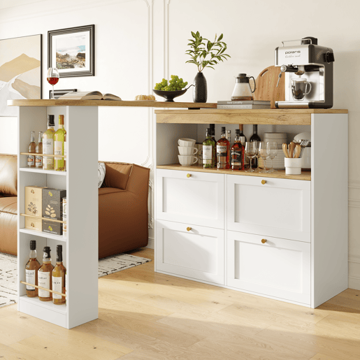 Mesa de bar giratória 105x39x102 cm - 4 gavetas e prateleiras abertas - Branco