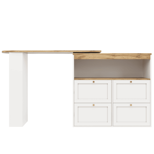 Mesa de bar giratória 105x39x102 cm - 4 gavetas e prateleiras abertas - Branco