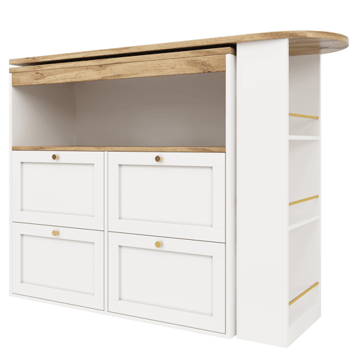 Mesa de bar giratória 105x39x102 cm - 4 gavetas e prateleiras abertas - Branco