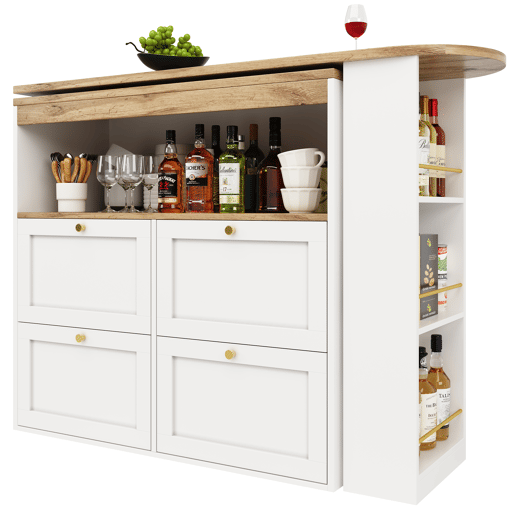 Mesa de bar giratória 105x39x102 cm - 4 gavetas e prateleiras abertas - Branco