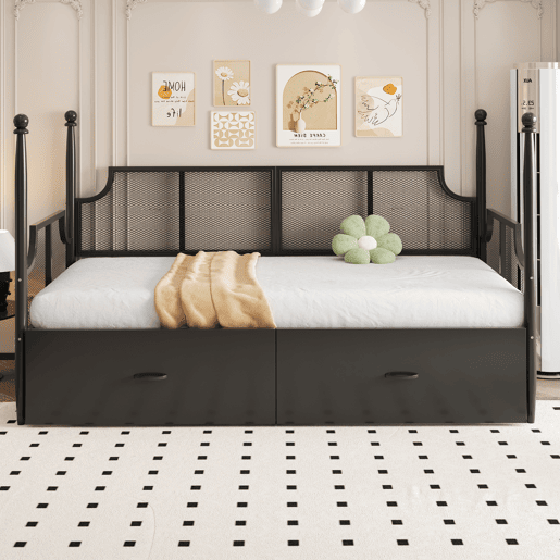 Sofá-cama 90x200 - Encosto em malha e braços estilo vintage, suporte alto em colunas, estrutura metálica com prateleiras - Preto