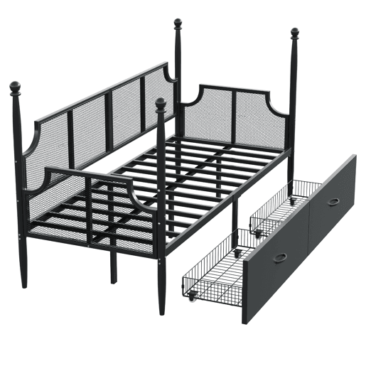 Sofá-cama 90x200 - Encosto em malha e braços estilo vintage, suporte alto em colunas, estrutura metálica com prateleiras - Preto