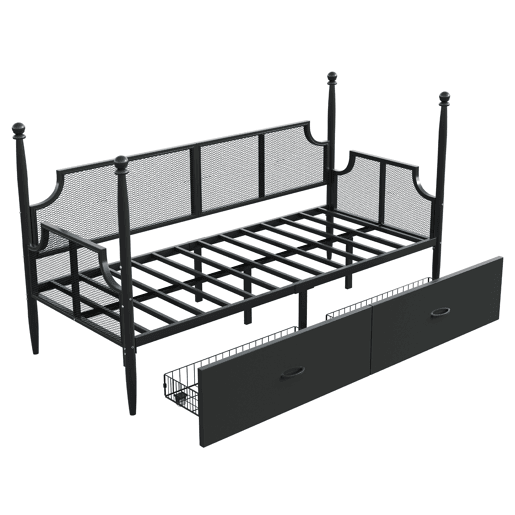 Sofá-cama 90x200 - Encosto em malha e braços estilo vintage, suporte alto em colunas, estrutura metálica com prateleiras - Preto